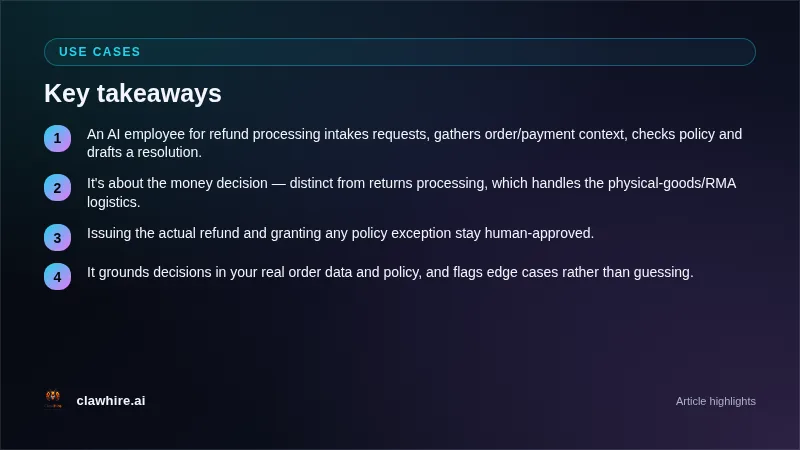 Refund workflow: intake, gather context, validate against policy, recommend, human-approved issuance, confirm and log