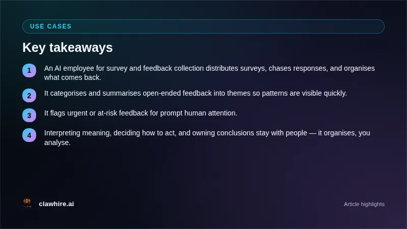 Feedback workflow: distribute survey, follow up within rules, collect and organise, summarise into themes, flag urgent, human analysis