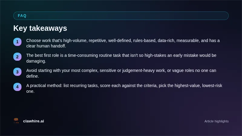 Criteria for choosing an AI employee role: high-volume, repetitive, rules-based, data-rich, measurable, sensible stakes, clear handoff